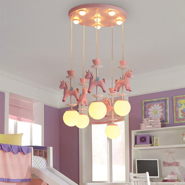 Children's Room Chandelier pink Wooden Horse Lamp Little Girl Boy Cute Cartoon Girls Study Bedroom Bedside Lamps