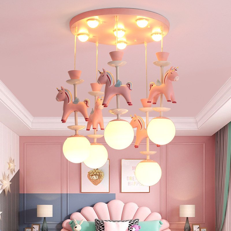 Children's Room Chandelier pink Wooden Horse Lamp Little Girl Boy Cute Cartoon Girls Study Bedroom Bedside Lamps