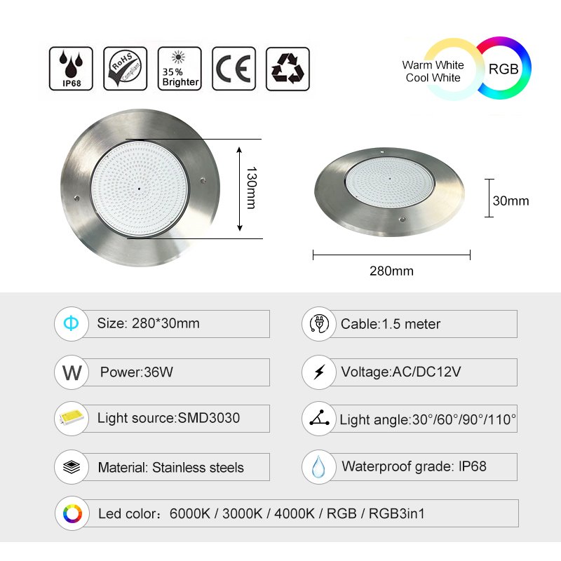 High Quality Waterproof Stainless Steel Resin RGB IP68 Led Underwater Swimming Pool Lights