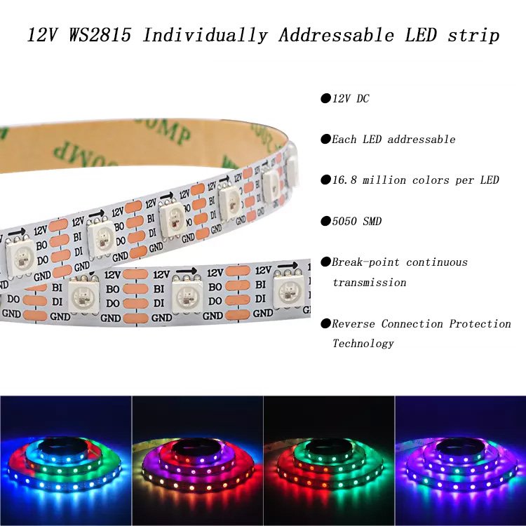 WS2815 2815 12V Addressable Dream Magic Full Color Break Point Continue Digital Pixel Programmable RGB IC Smart Led Strip Lights