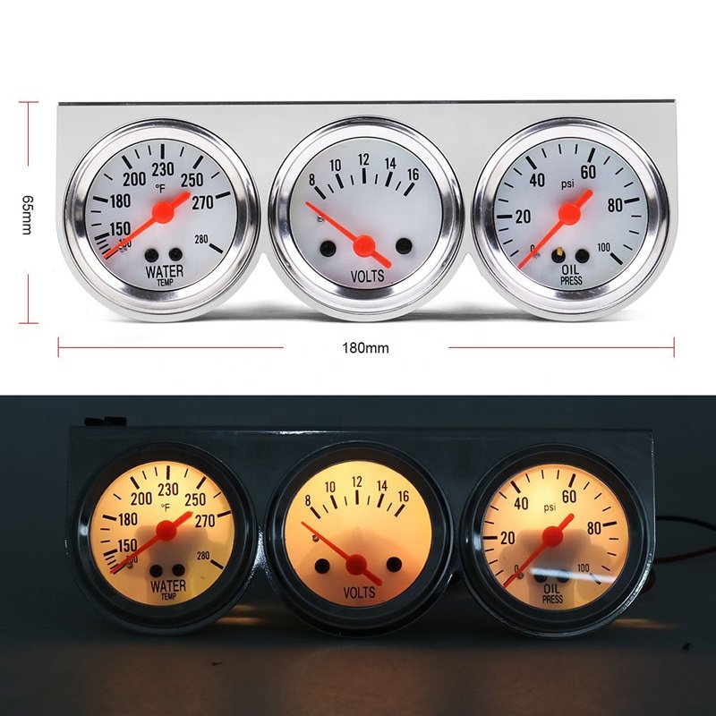 52mm 2 inch Auto Car Oil Pressure Water Temp Volt Meter Gauge With Sensor Triple Gauge Set Mechanical Chrome Panel White 3 in 1