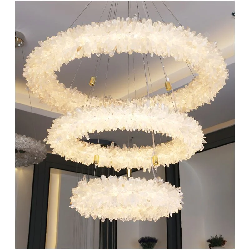 Natural Stone Rock Crystal 3 Circle Light Fixtures Pendant Lamp for Entrance Round Ring Natural Quartz Stone Crystal Chandelier