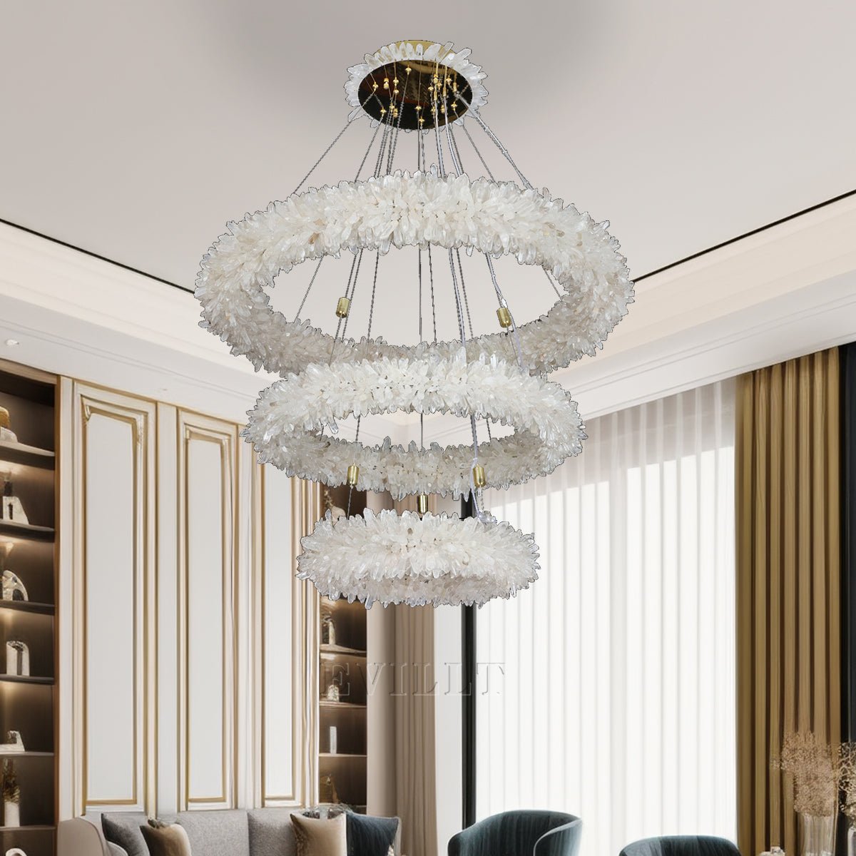 Natural Stone Rock Crystal 3 Circle Light Fixtures Pendant Lamp for Entrance Round Ring Natural Quartz Stone Crystal Chandelier