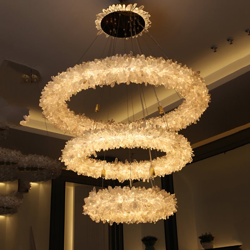 Natural Stone Rock Crystal 3 Circle Light Fixtures Pendant Lamp for Entrance Round Ring Natural Quartz Stone Crystal Chandelier