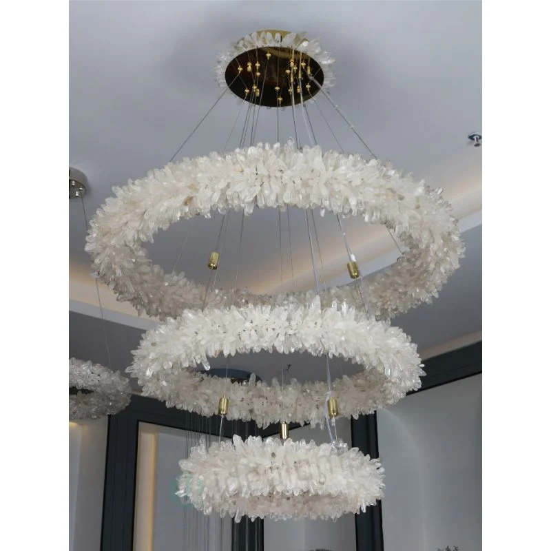 Natural Stone Rock Crystal 3 Circle Light Fixtures Pendant Lamp for Entrance Round Ring Natural Quartz Stone Crystal Chandelier