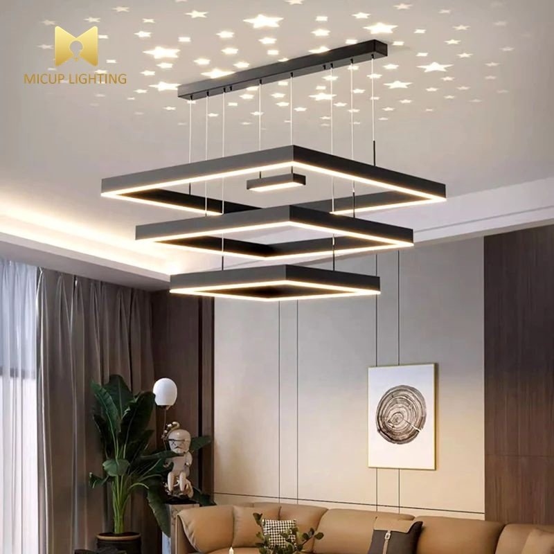 Modern Simple Acrylic New Design Square Pendant Lights Black Led Chandelier for Living Room