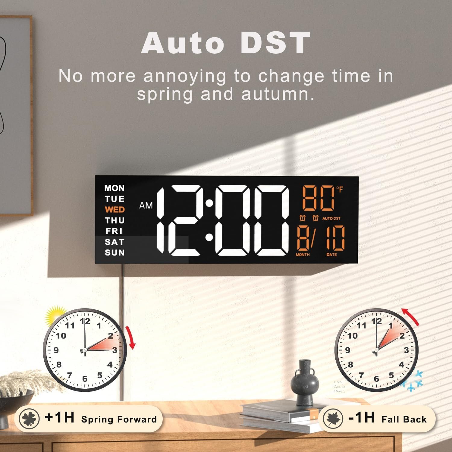 16" Large Digital Wall Clock Timer Remote Controlled 2 Alarms LED Display 8 RGB Color Auto DST Temperature Bedroom Desk Mounted