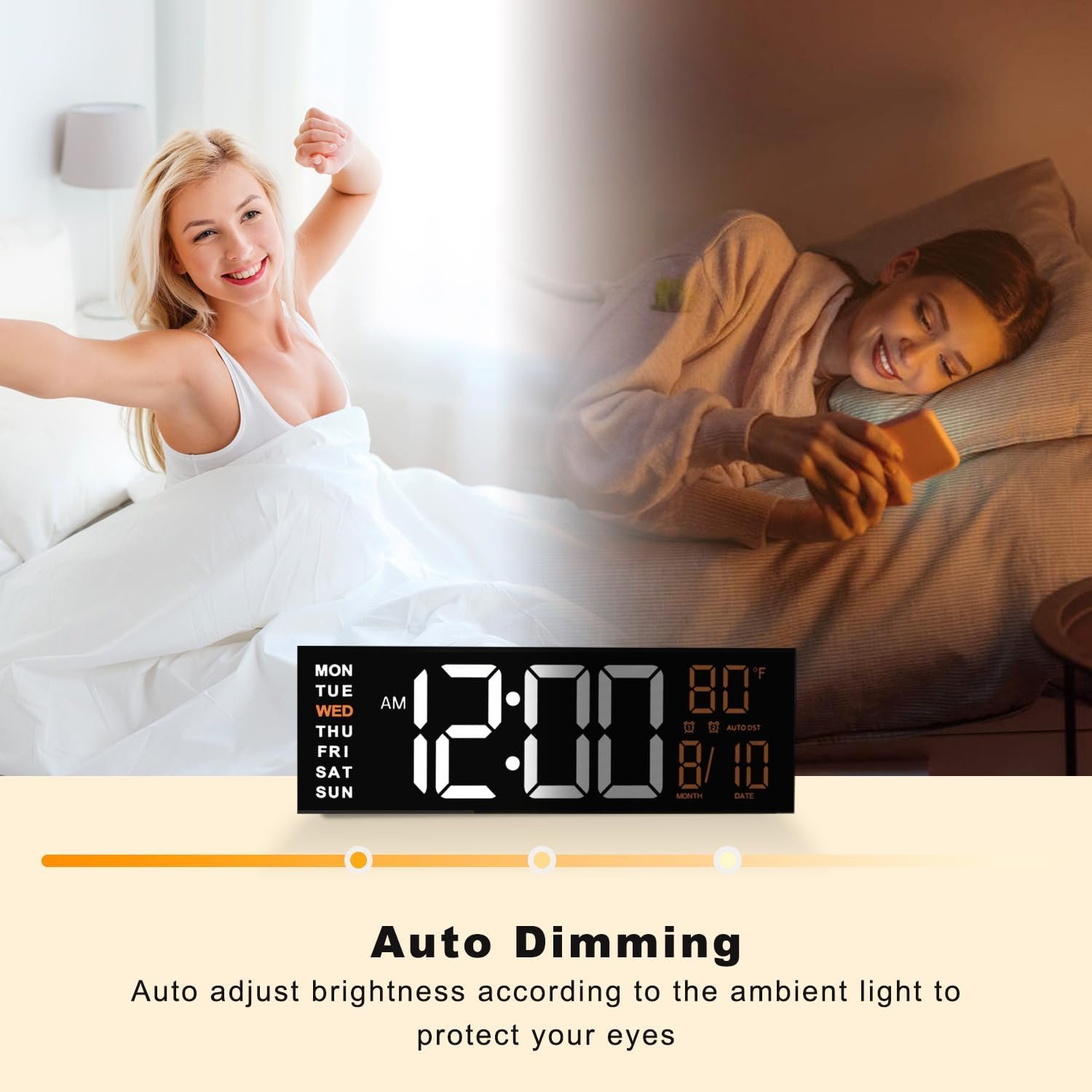 16" Large Digital Wall Clock Timer Remote Controlled 2 Alarms LED Display 8 RGB Color Auto DST Temperature Bedroom Desk Mounted