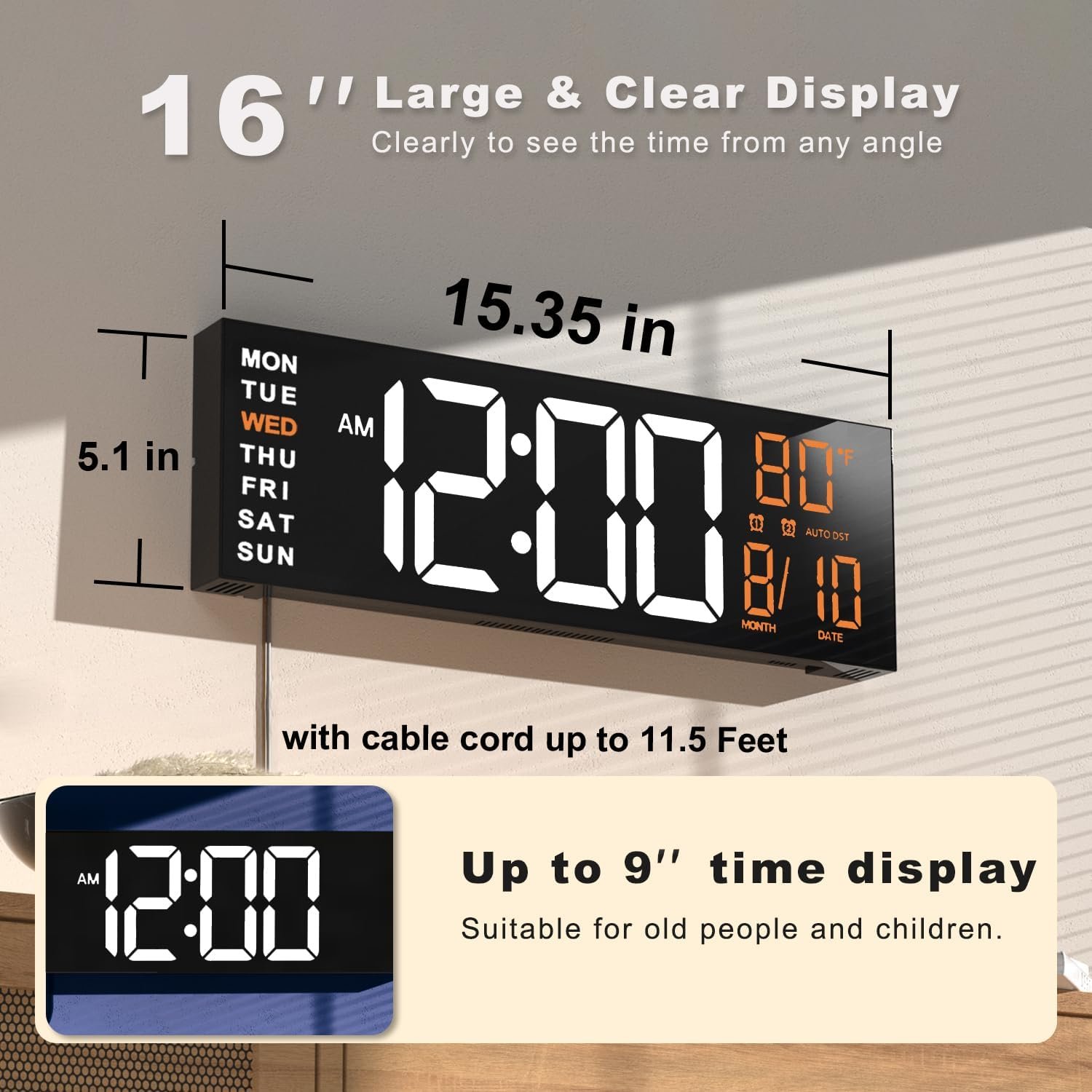 16" Large Digital Wall Clock Timer Remote Controlled 2 Alarms LED Display 8 RGB Color Auto DST Temperature Bedroom Desk Mounted