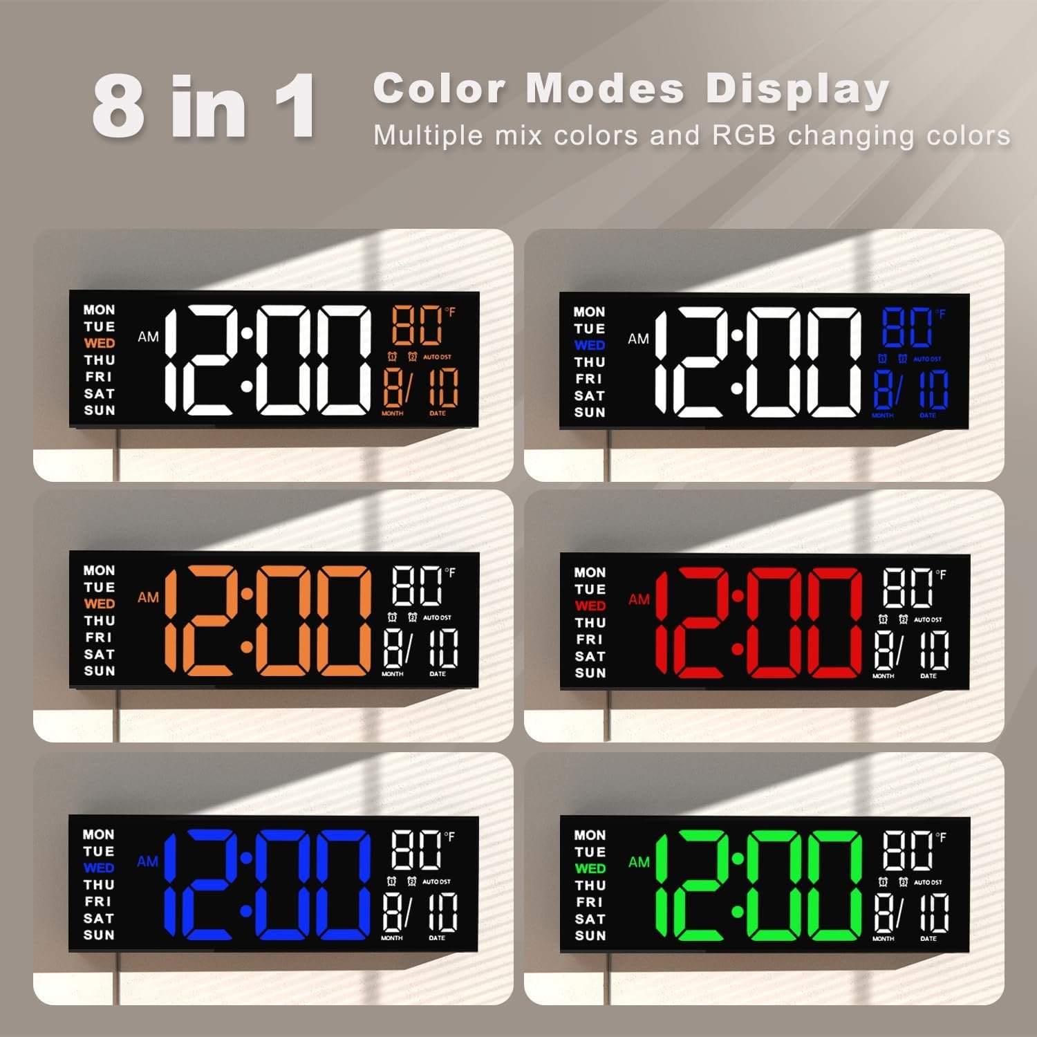 16" Large Digital Wall Clock Timer Remote Controlled 2 Alarms LED Display 8 RGB Color Auto DST Temperature Bedroom Desk Mounted