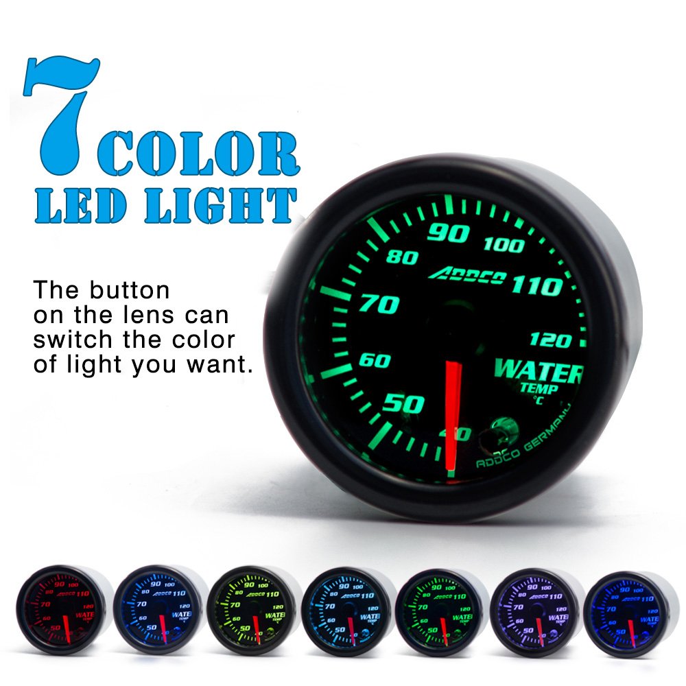 Car Meter Water Temperature Meter With Sensor 2" 52mm 7 Color LED Smoke Face Auto Gauge Universal for Vehicles AD-GA52WAT