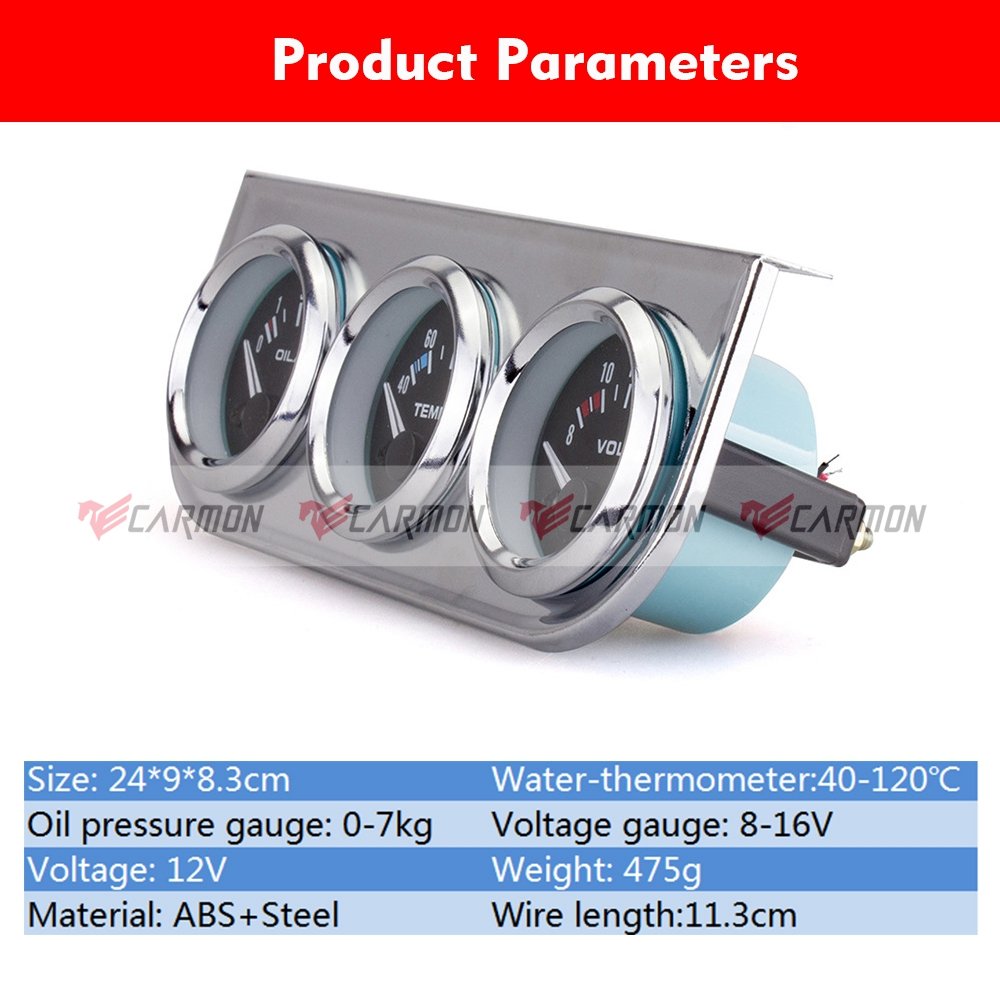 52mm 3-in-1 Auto Meter Gauge Tachometer Water Temp Oil Pressure Gauge for 12V Car