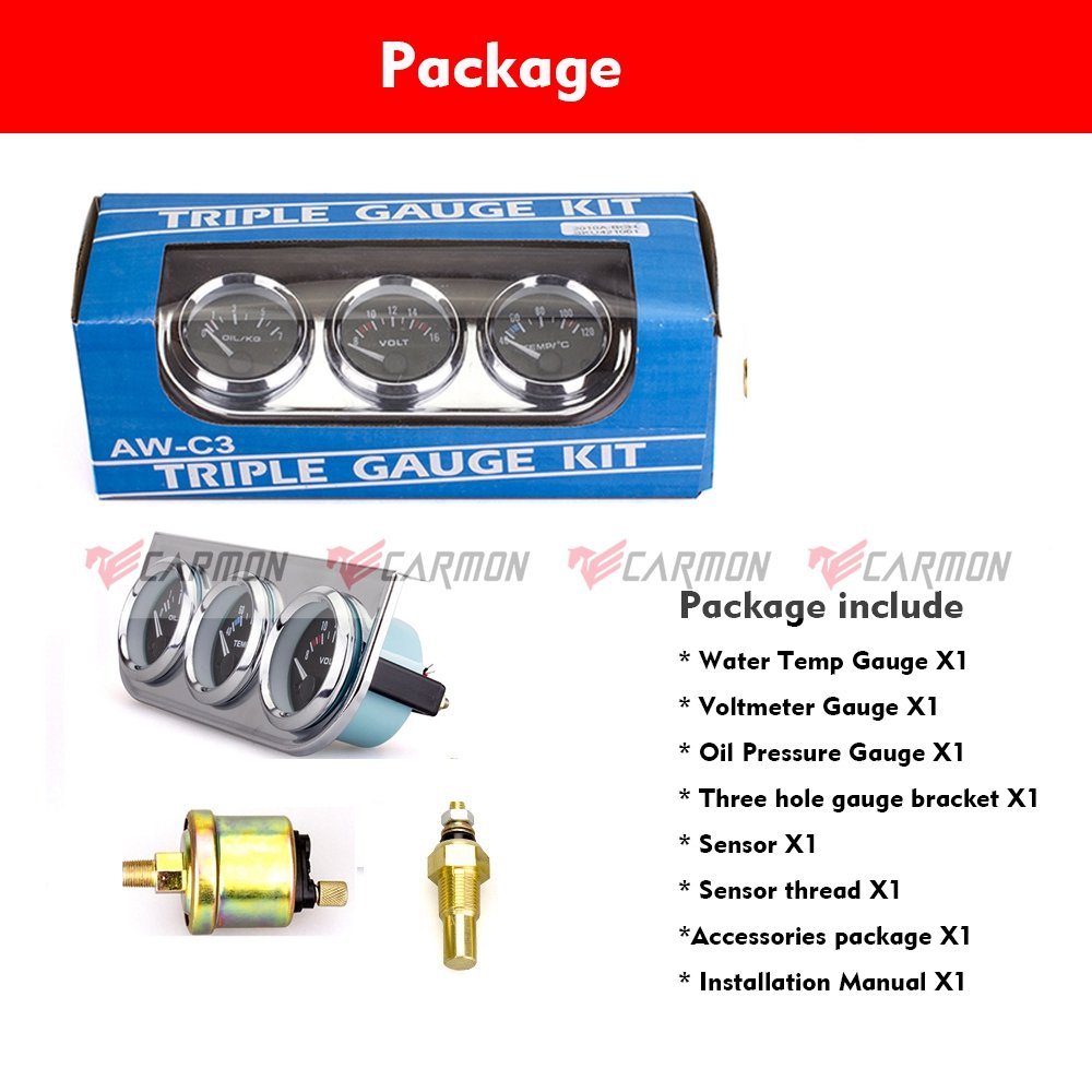 52mm 3-in-1 Auto Meter Gauge Tachometer Water Temp Oil Pressure Gauge for 12V Car