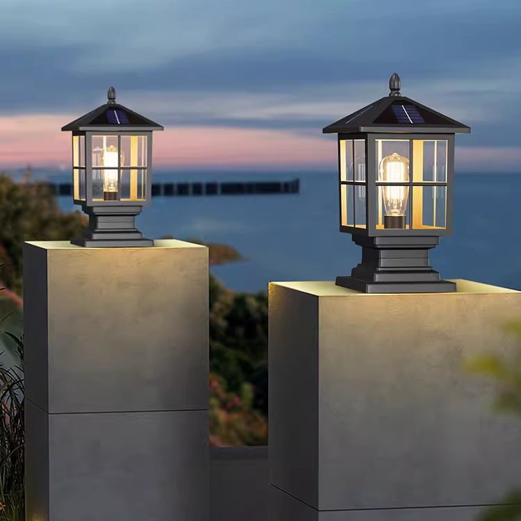IP65 Waterproof Solar Outdoor Garden LED Pillar Light Decorative Aluminum Body Column Glass Lamp Wired Landscape Columns Lamp
