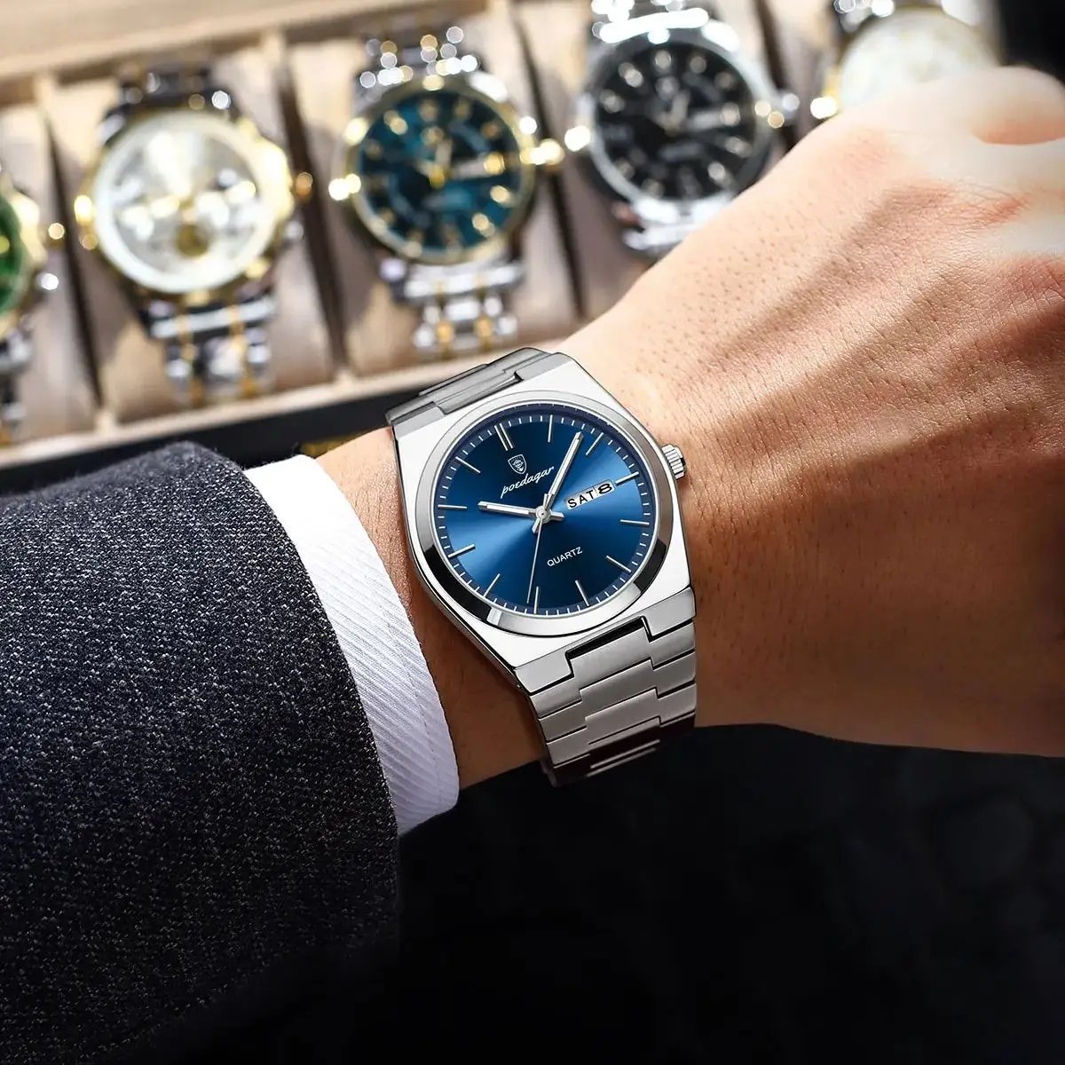 POEDAGAR Luxury Watch for Man Casual Quartz Men's Watches Waterproof Luminous Date Stainless Steel Men Watch Male Clock+box 930