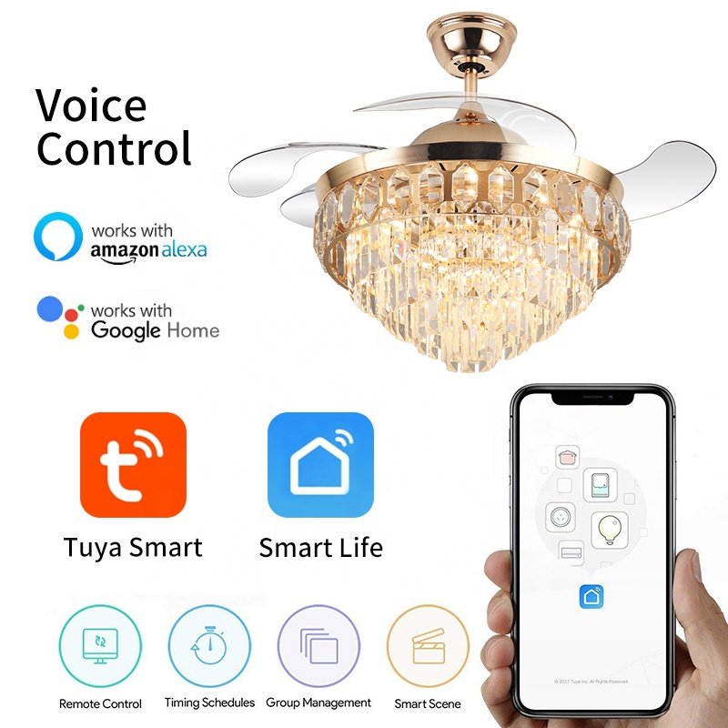 754I 42-Inch Remote Control Ceiling Fan with 3 Blades and Crystal Chandelier DC Motor