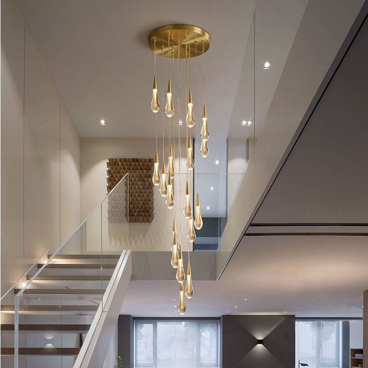 Staircase Hanging Light Luxury Wedding Dining Room Gold Raindrop Glass Chandeliers