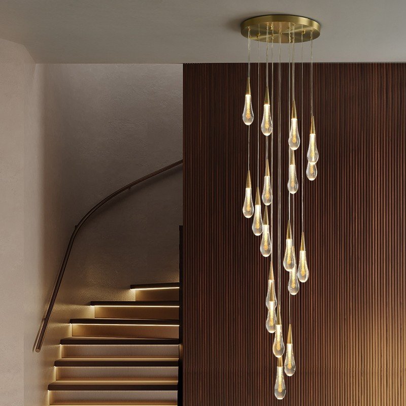 Staircase Hanging Light Luxury Wedding Dining Room Gold Raindrop Glass Chandeliers
