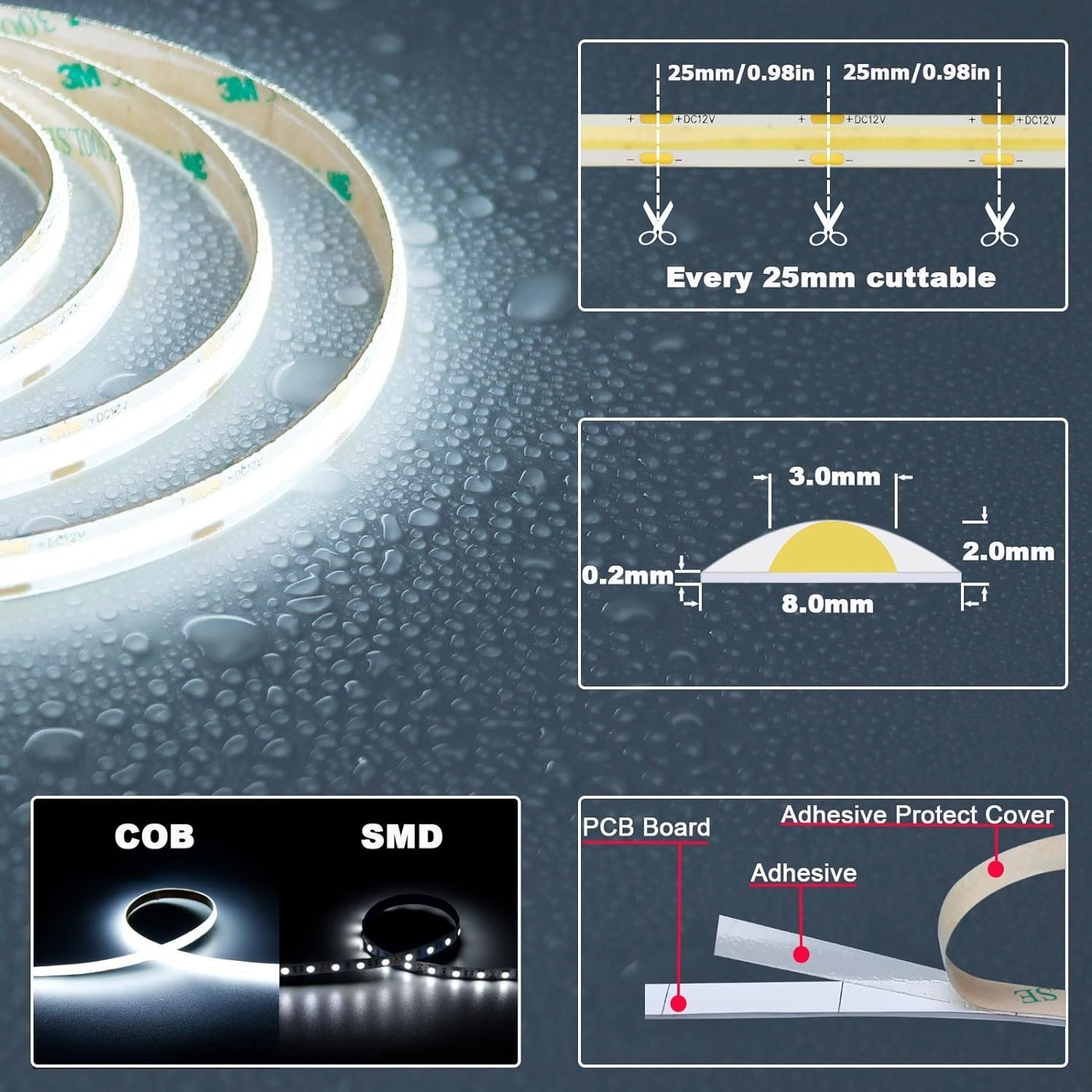 COB Led Strip Light High Density FOB LED Strip Lights DC12V 24V 10W 320leds/m 480leds/m COB LED Strip Lights