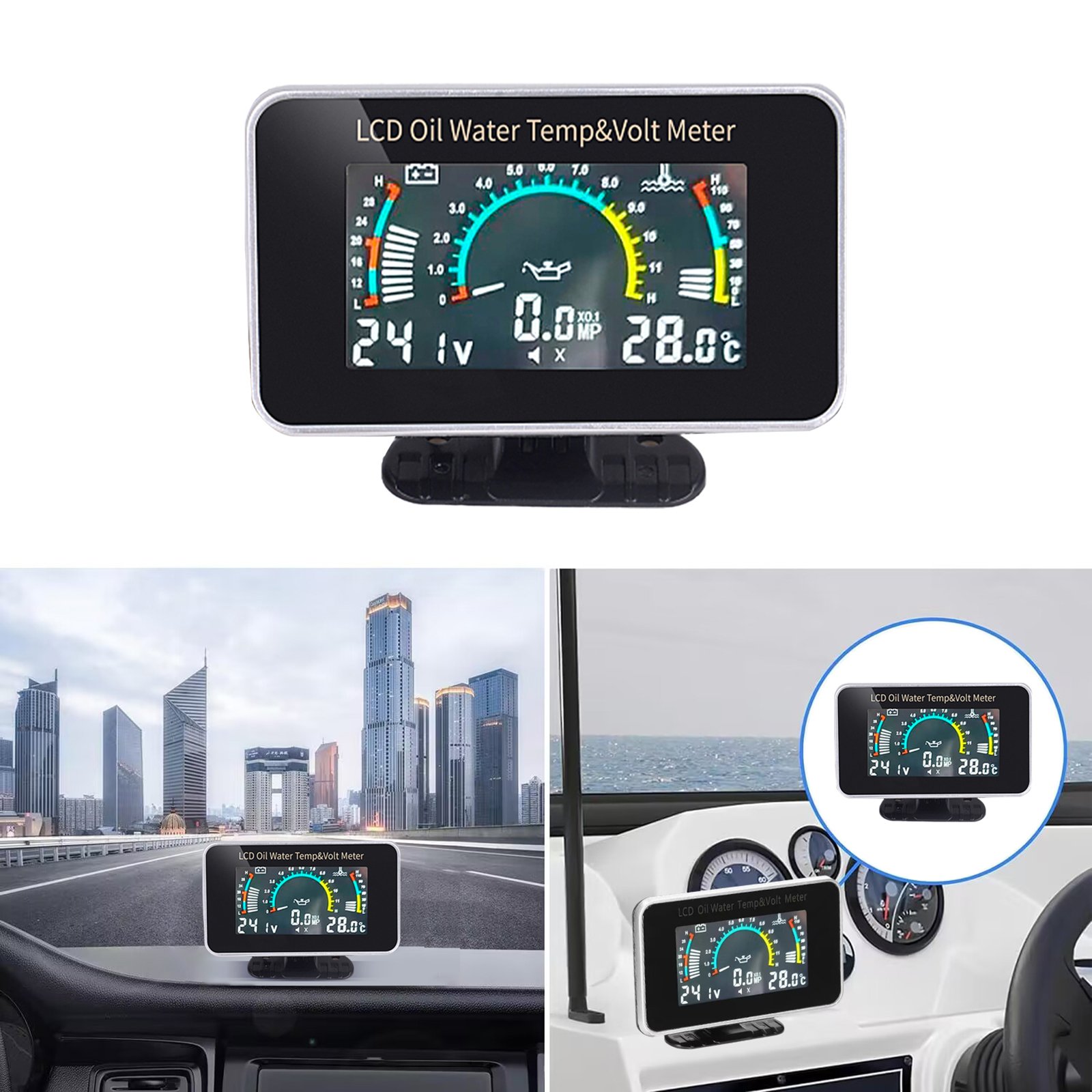 3 in 1 LCD Car Digital Oil Pressure Gauge Voltmeter Water Temp Meter 1/8 NPT Oil Pressure Sensor + Water Temperature Sensor 10mm