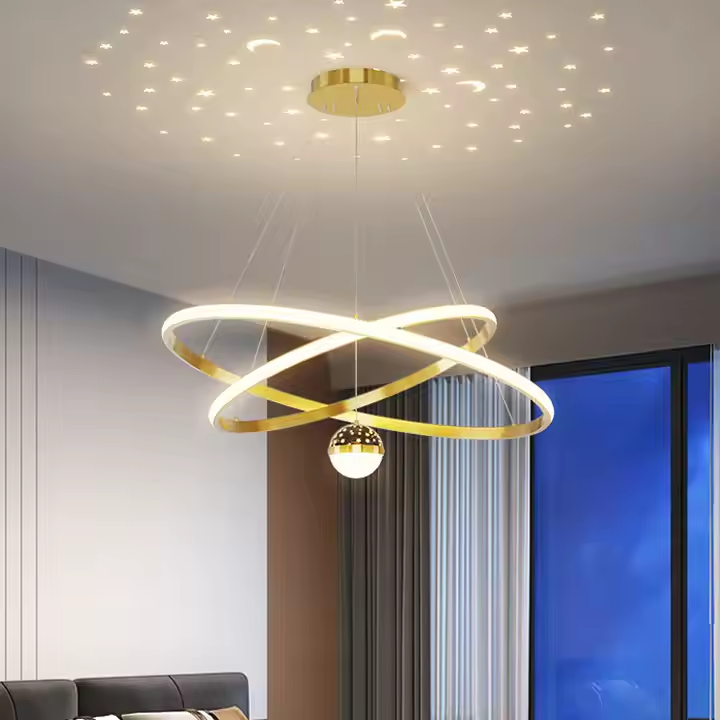 Eye Care 4 Rings High Ceiling Hanging Lamp Steel LED Round Nordic Luxury Crystal Romantic Starry Sky Chandelier Pendant Light