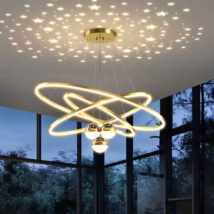 Eye Care 4 Rings High Ceiling Hanging Lamp Steel LED Round Nordic Luxury Crystal Romantic Starry Sky Chandelier Pendant Light