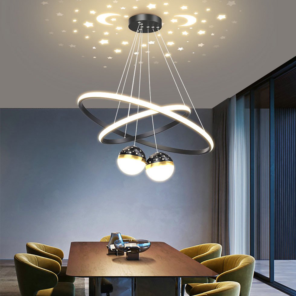 Eye Care 4 Rings High Ceiling Hanging Lamp Steel LED Round Nordic Luxury Crystal Romantic Starry Sky Chandelier Pendant Light