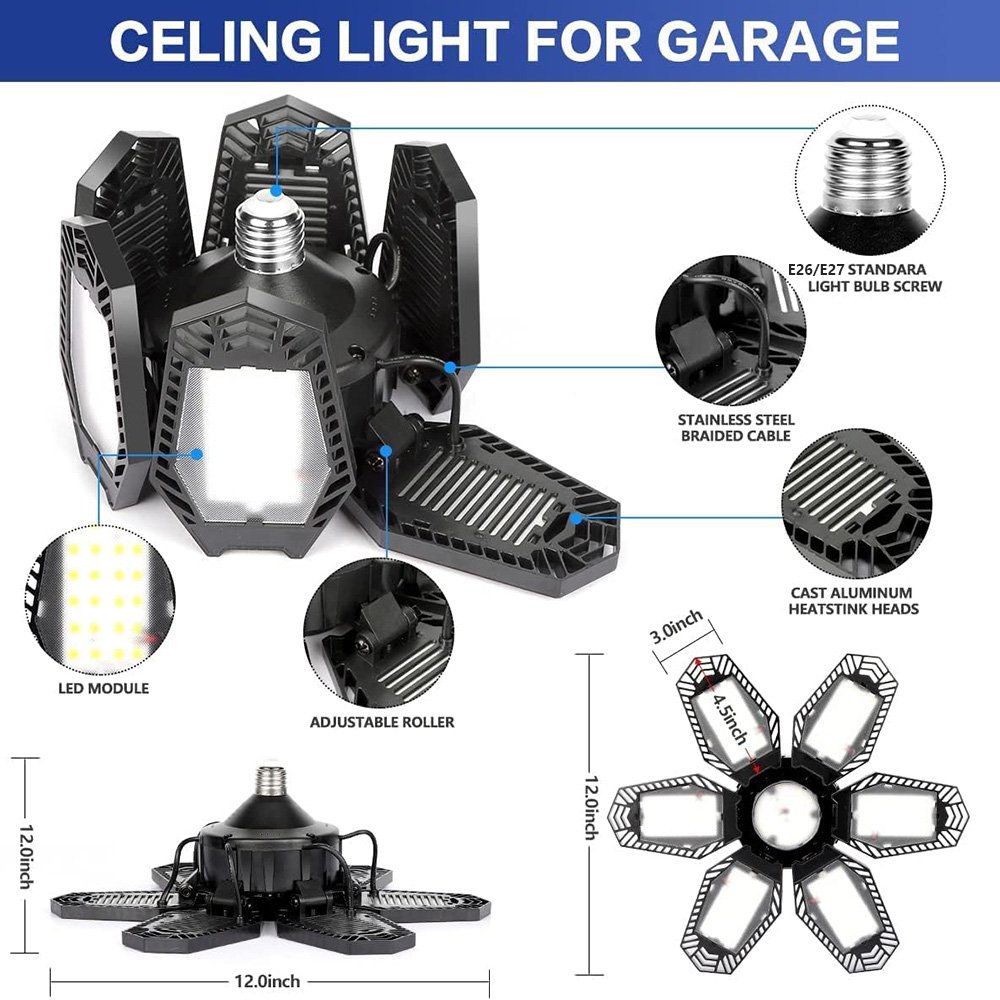 LED Garage Lights, 150W E26/E27 LED Light Garage Lighting with 6+1 Adjustable Panels Garage Bulb for Basement
