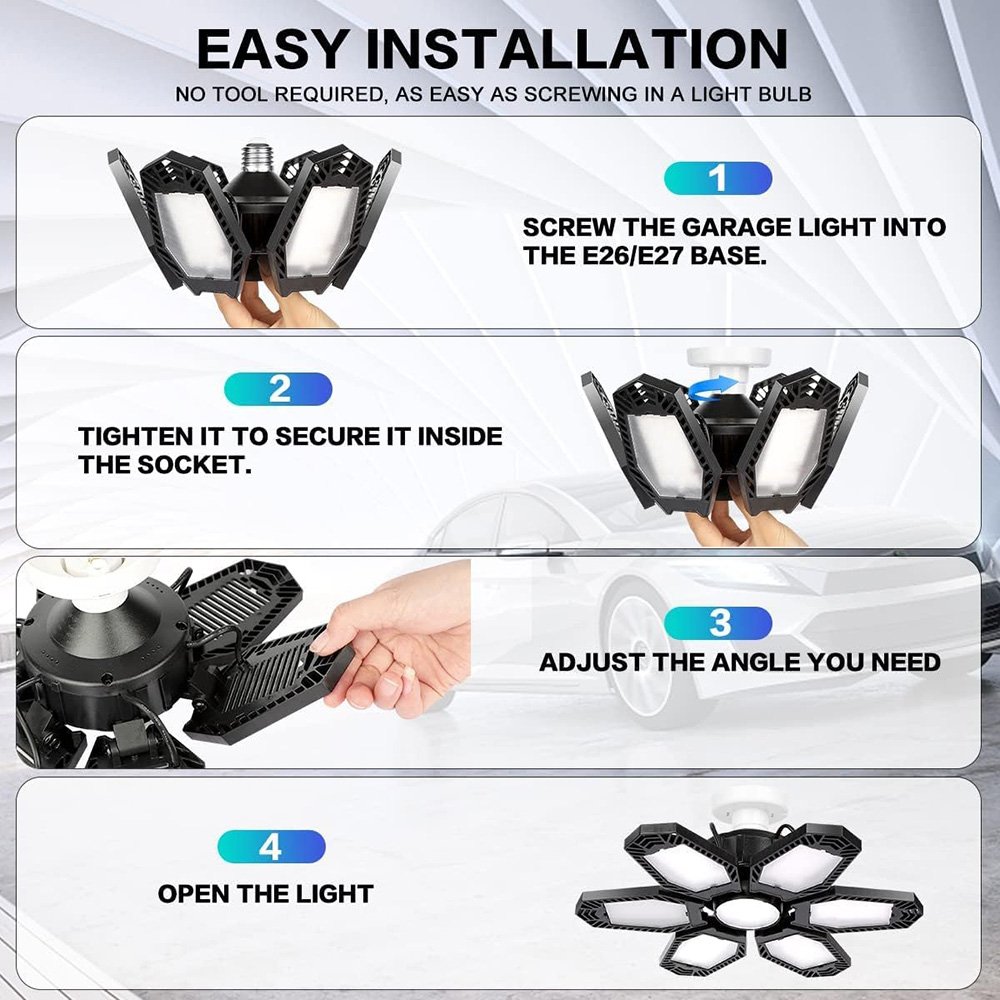 LED Garage Lights, 150W E26/E27 LED Light Garage Lighting with 6+1 Adjustable Panels Garage Bulb for Basement