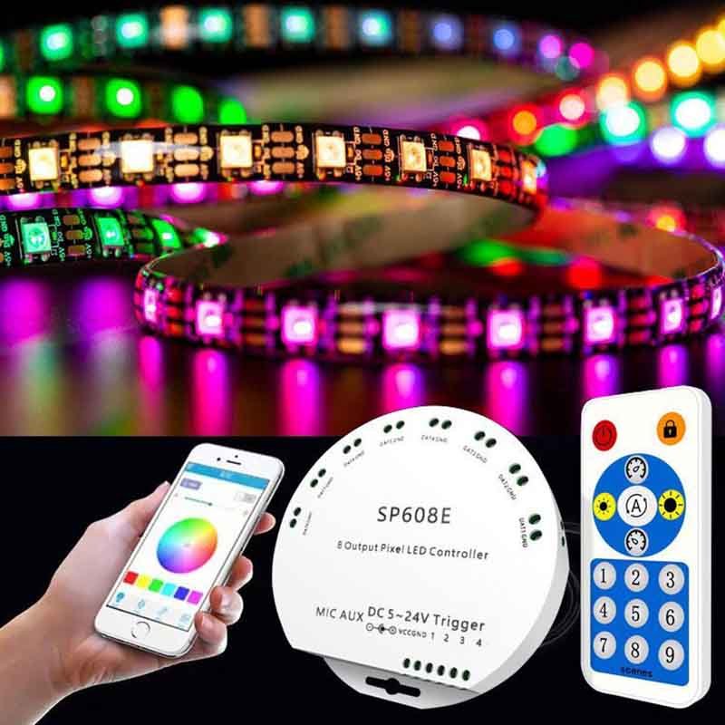 SP608E DC5V-24V Music Controller 8CH Signal Built in Mic WS2811 WS2812B WS2815 Remote APP Control LED Strip Light Controller