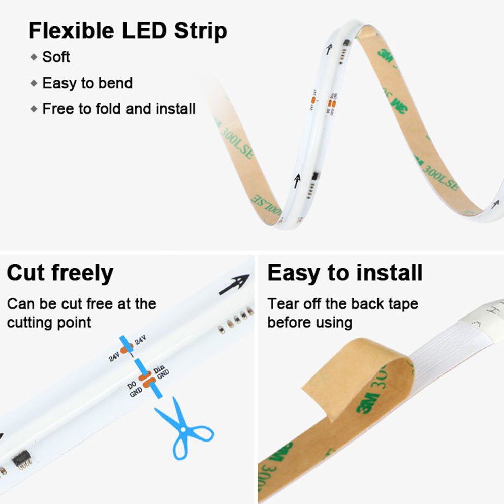 Chasing Running 720led Black PCB COB RGBIC LED Tape 12v 24v APP Control Smart RGB COB LED Strip Light for Home Room Decor