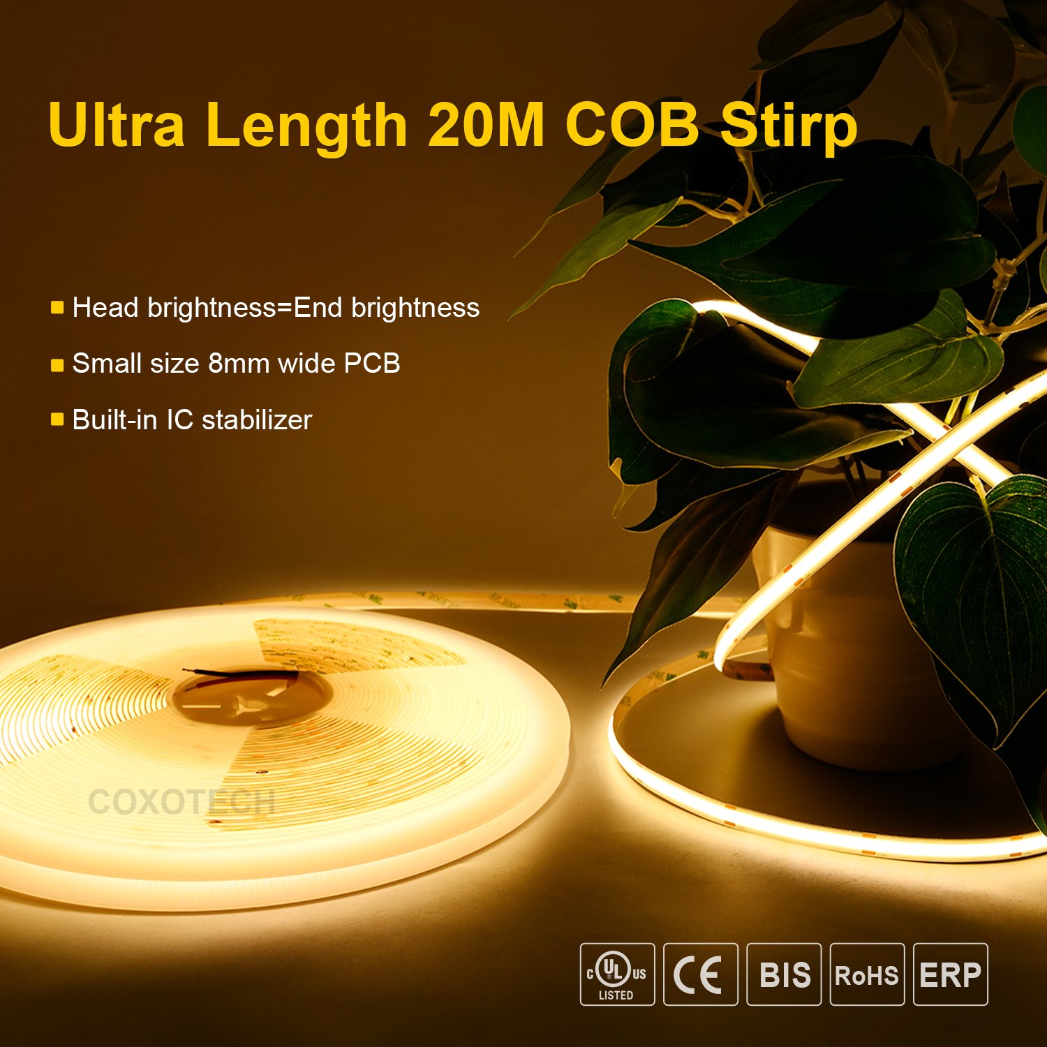 COXO Constant Current Led Strip Ultra Long 50 Feet 15m 20m 30m 20 Meter Constant Current Cob Led Strip Light