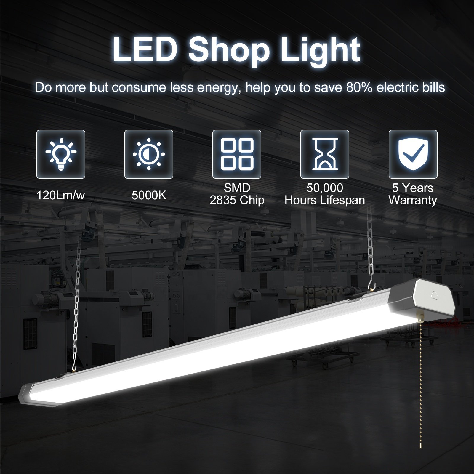 2 Pack Shop Lights Aluminum 100W 120W 1.1m Linkable Pull Chain Office Ceiling Fixture LED Linear Lamp Batten Light