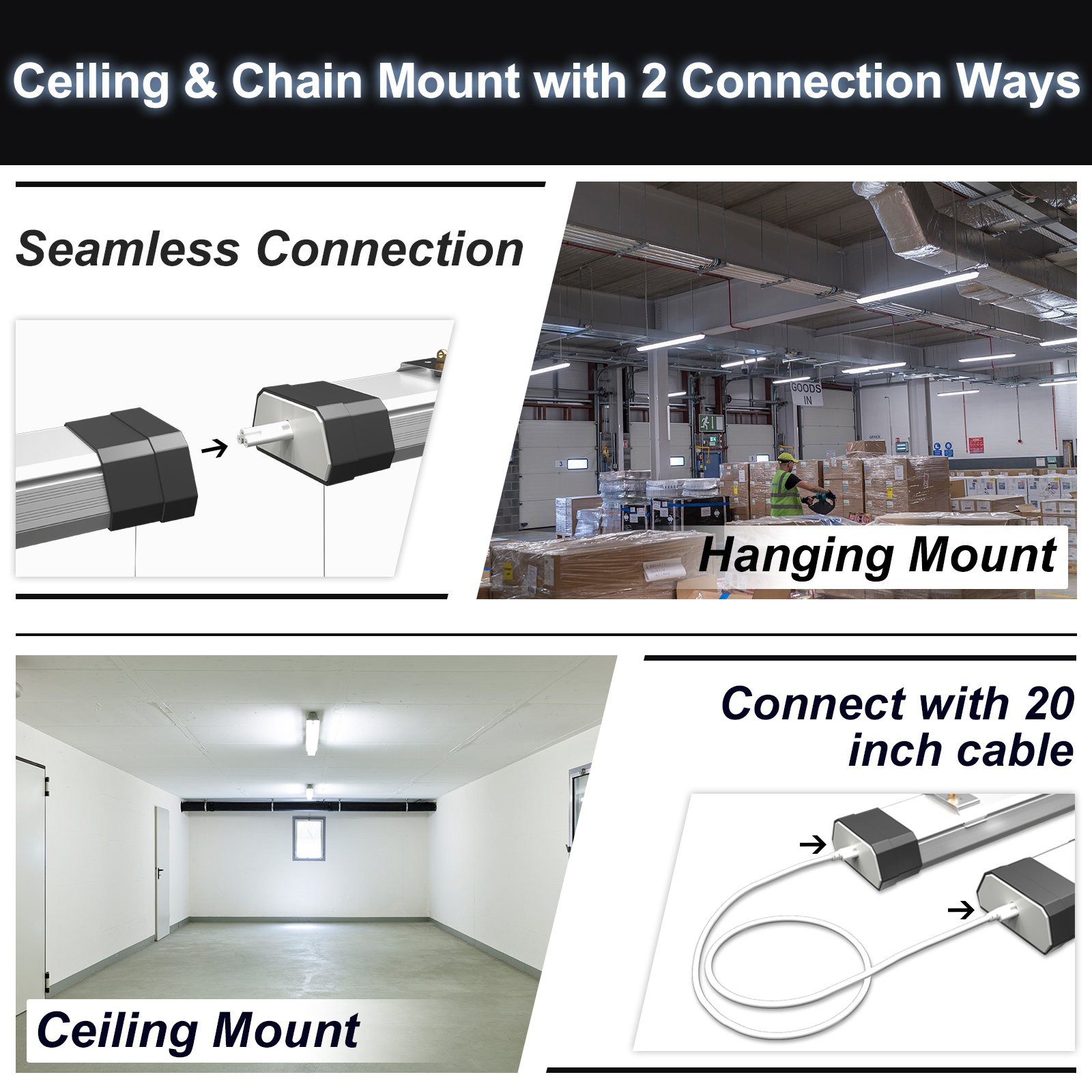 2 Pack Shop Lights Aluminum 100W 120W 1.1m Linkable Pull Chain Office Ceiling Fixture LED Linear Lamp Batten Light