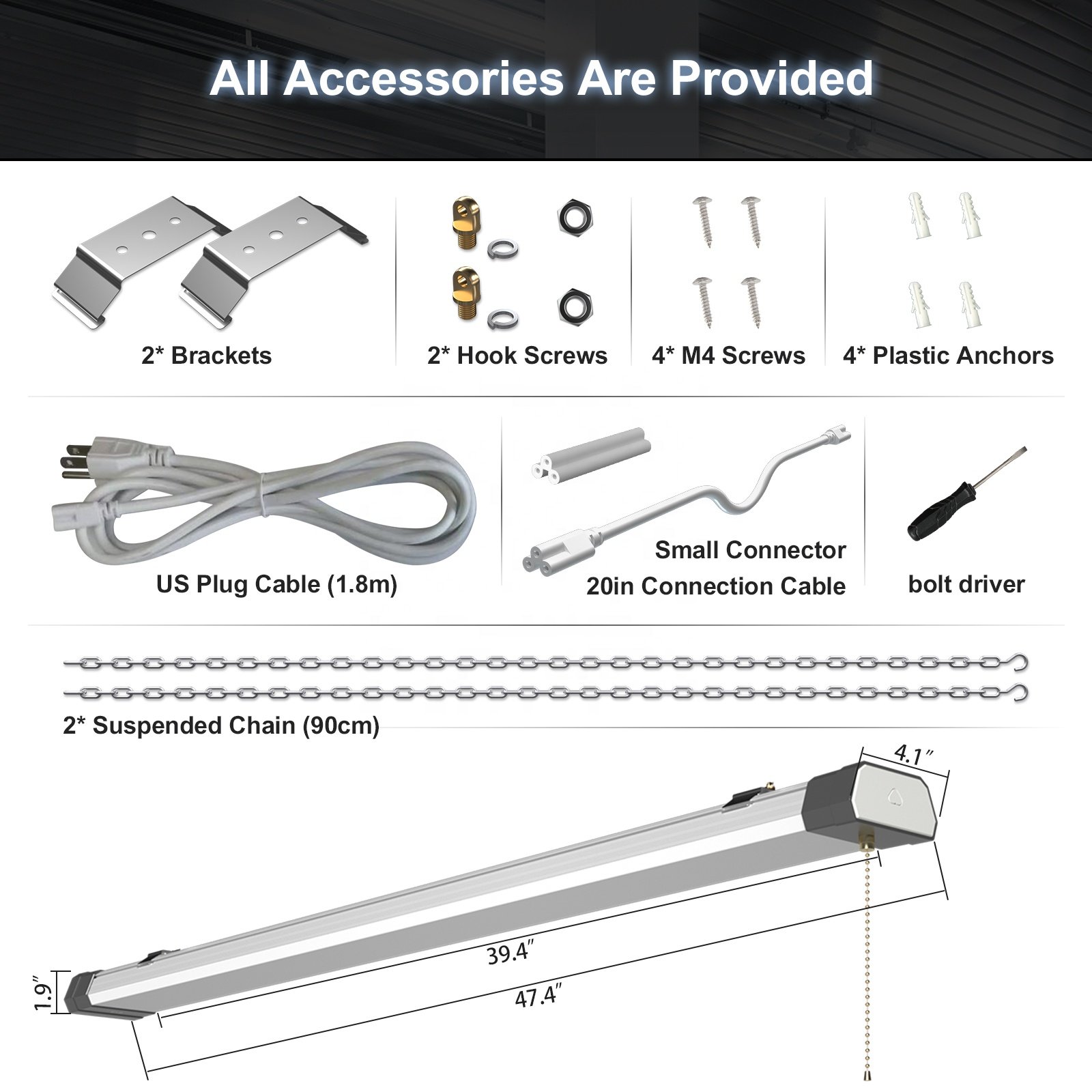 2 Pack Shop Lights Aluminum 100W 120W 1.1m Linkable Pull Chain Office Ceiling Fixture LED Linear Lamp Batten Light