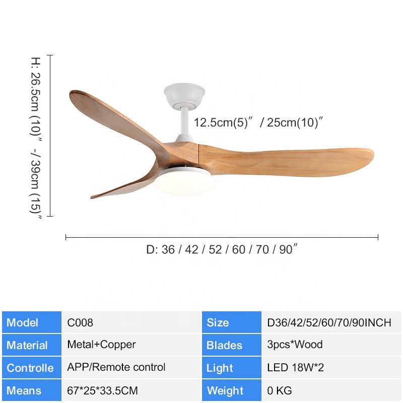 C008 Wood Grain Ceiling Fan Light 36/42/52/60/70/90 INCH High Air Volume DC Motor APP Control with Remote Switch