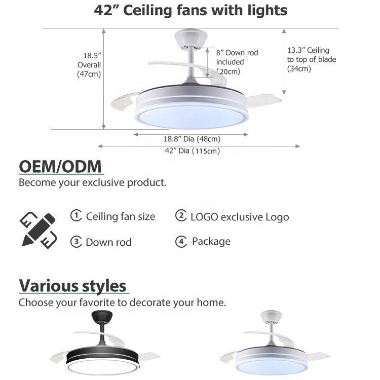 Modern Designer 42-Inch Retractable Chandelier LED Ceiling Fans with Remote Control for Bedroom Decorative Lighting