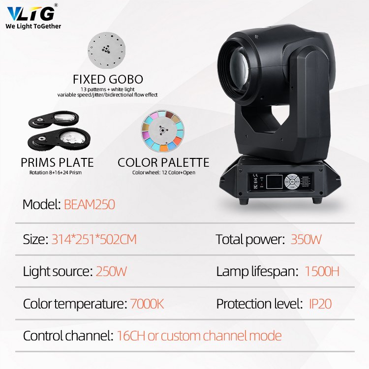 VLTG Mini Stage DJ Disco Light 250W Sharpy DMX 512 Beam 250 Moving Head Light Hotel Wedding Dance