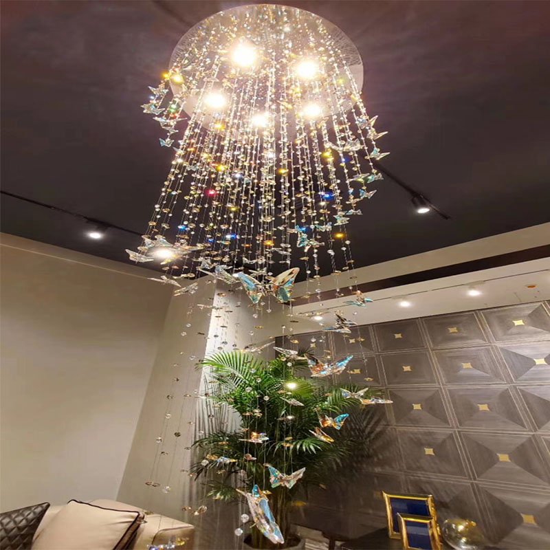 Wholesale Living Room Bedside Crystal Ceiling Lamp Mall Hotel butterfly Luxury High Stair Chandelier