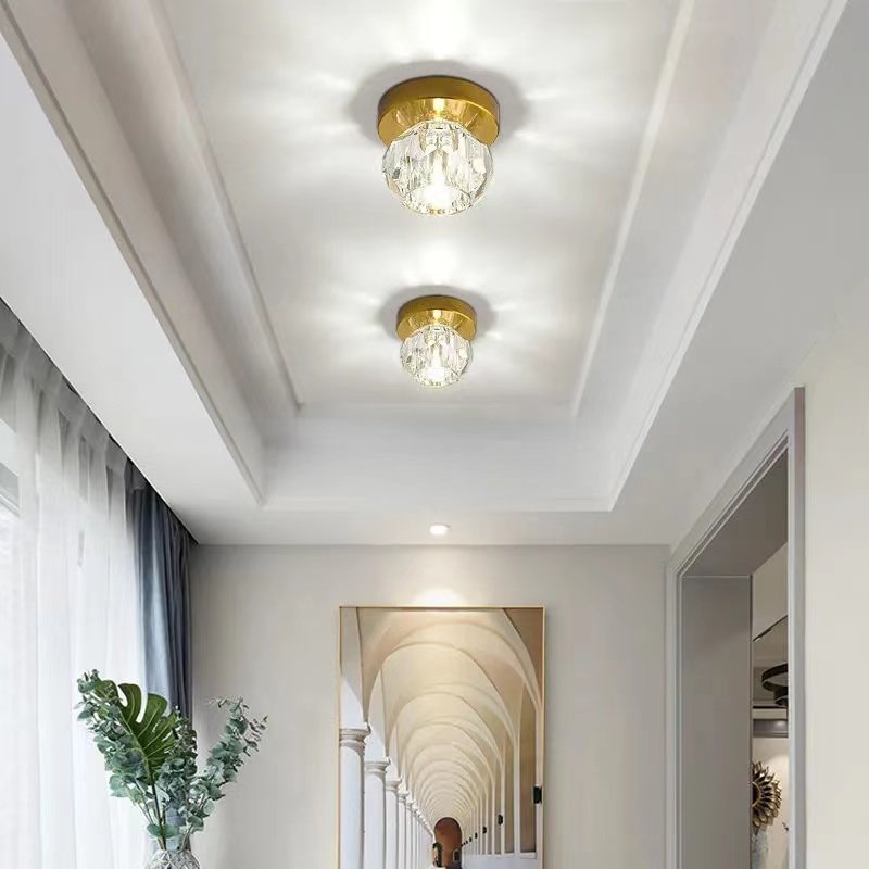 Nordic Modern Indoor Crystal Ceiling Lamp round LED Light for Interior Design Steel Base for Entrance Corridor Aisle Balcony