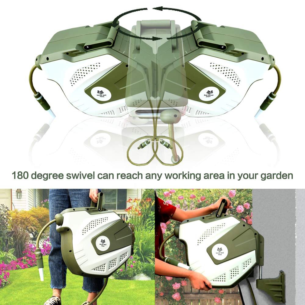 15M 1/2" HoseAutomatic Retractable Garden Wall Mounted Water Hose Pipe Reel Set