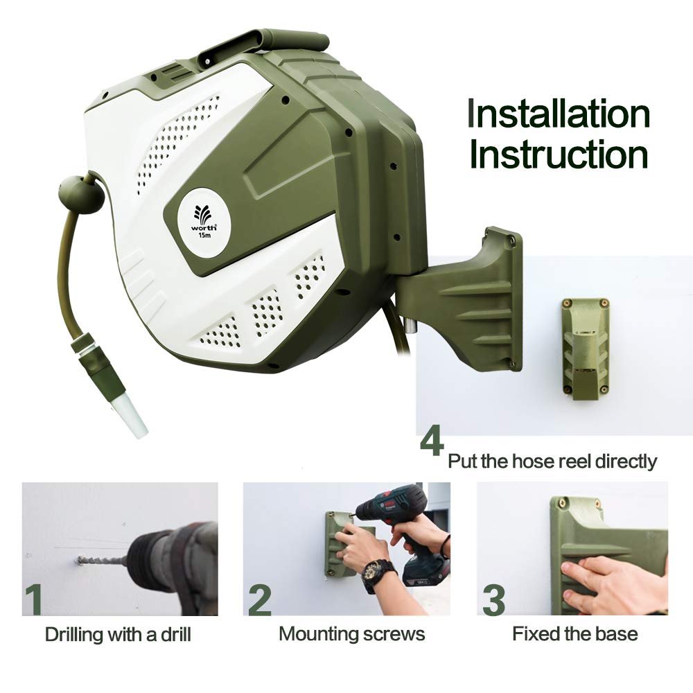 15M 1/2" HoseAutomatic Retractable Garden Wall Mounted Water Hose Pipe Reel Set