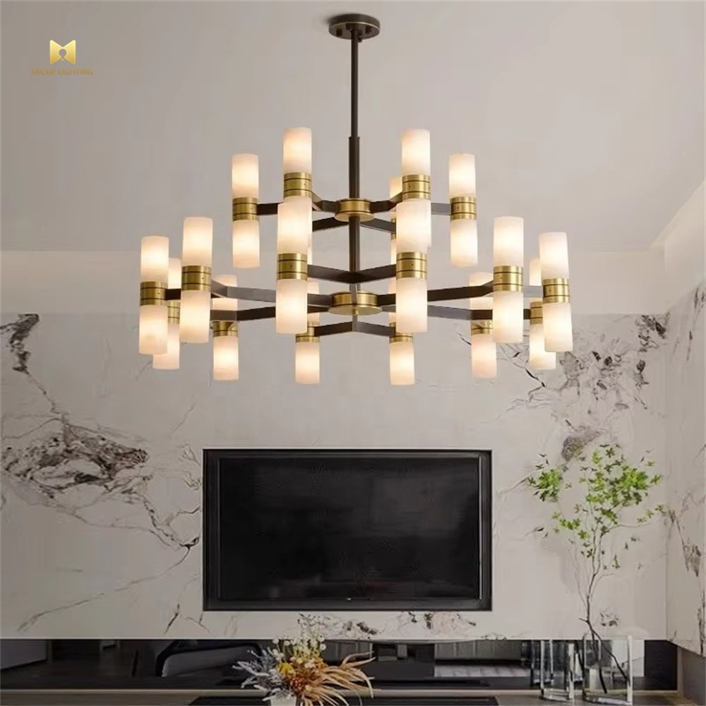 Modern Minimalist Style Copper With Black Finish Alabaster Chandelier for Home Hotel Villa Room Decoration Light
