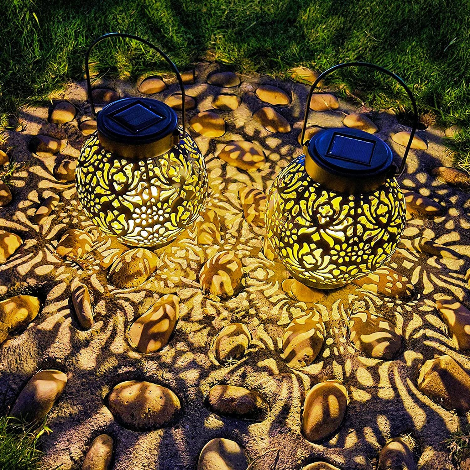 Retro Metal Solar Lantern Lights with LED IP65 Rated for Halloween Christmas & Thanksgiving Decorative Gifts with Handy Handle