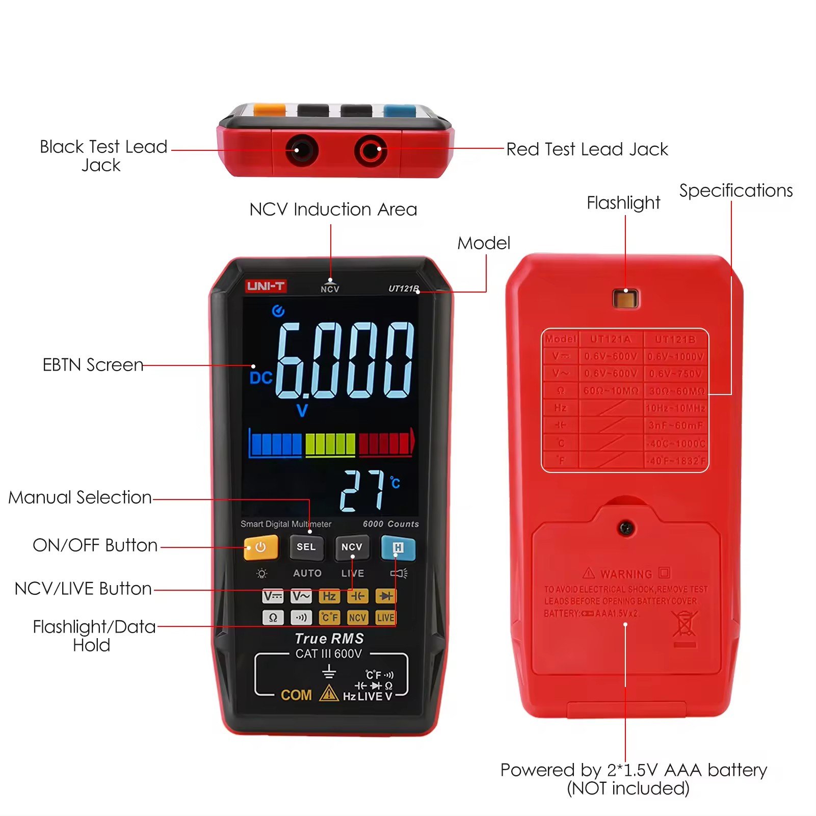 UNI-T UT121B Mini Portable Universal Tester Voltage Meter with Flashlight 3.3 "LCD Backlight Smart Digital Multimeter