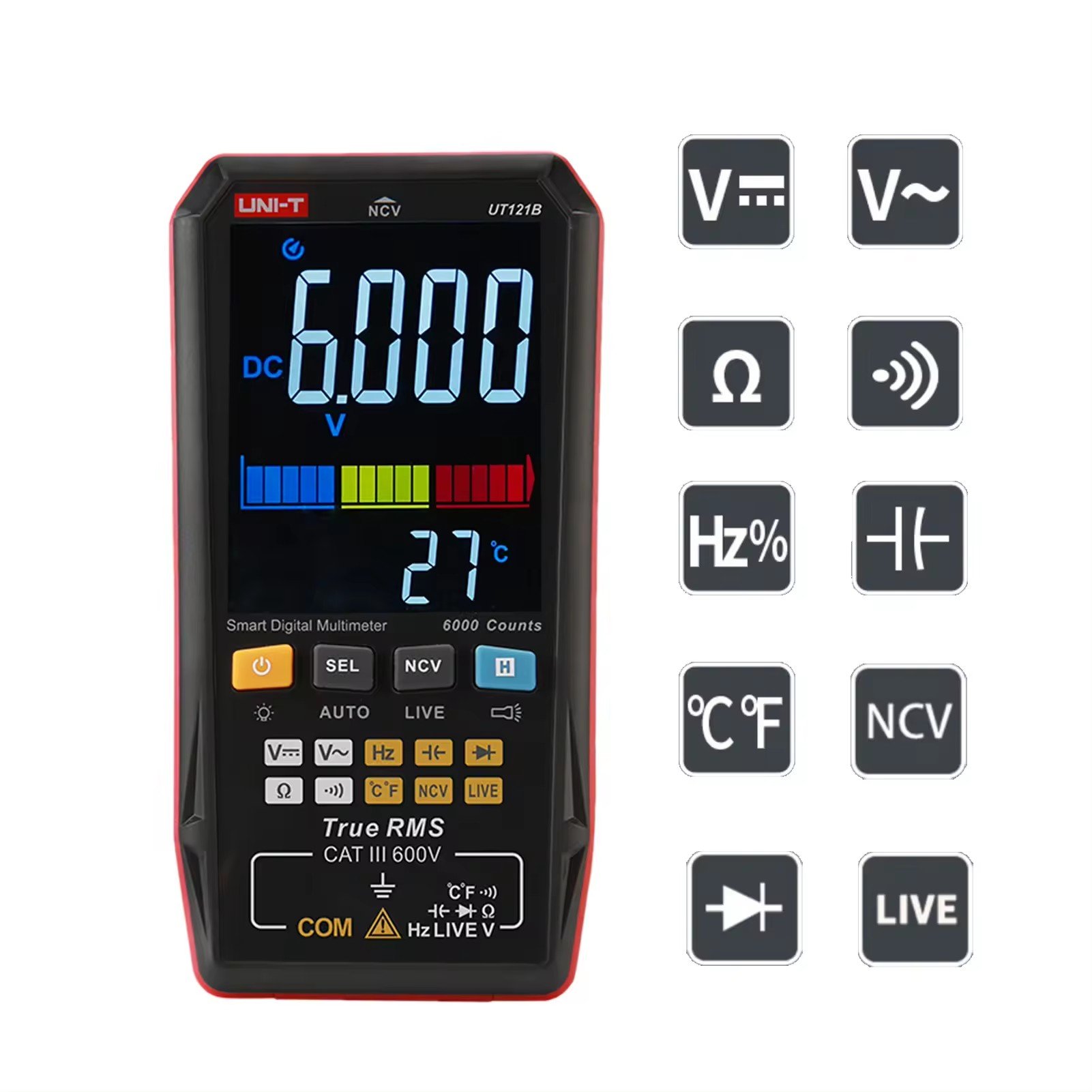 UNI-T UT121B Mini Portable Universal Tester Voltage Meter with Flashlight 3.3 "LCD Backlight Smart Digital Multimeter