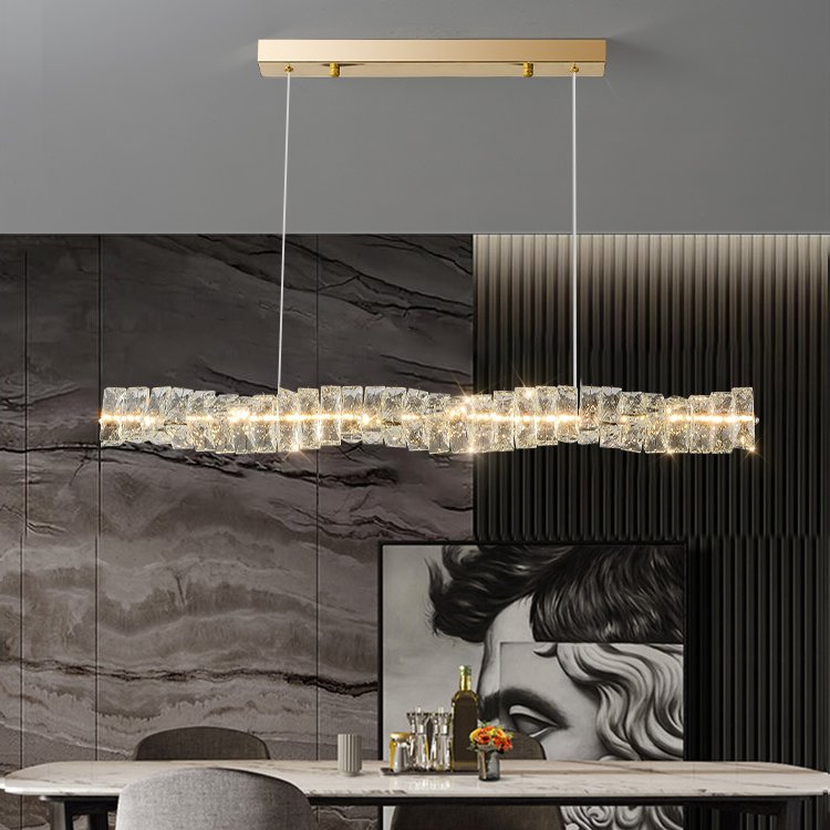 HFBH Kitchen Island Decorative Rectangle Long Metal BAHE Led Hanging Restaurant bar Modern Gold K9 Crystal Chandelier