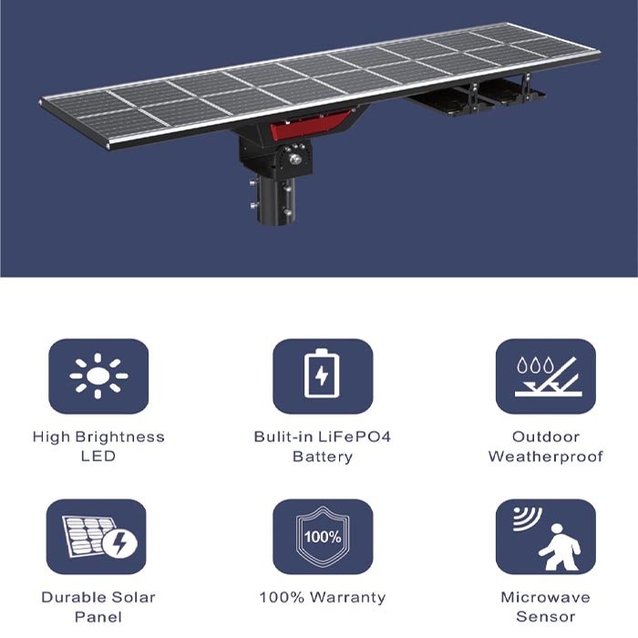 Best Selling 170LM/W Bifacial Solar Panel Street Light IP66 Waterproof 5100-25500LM 30W-150W Solar Lights Outdoor