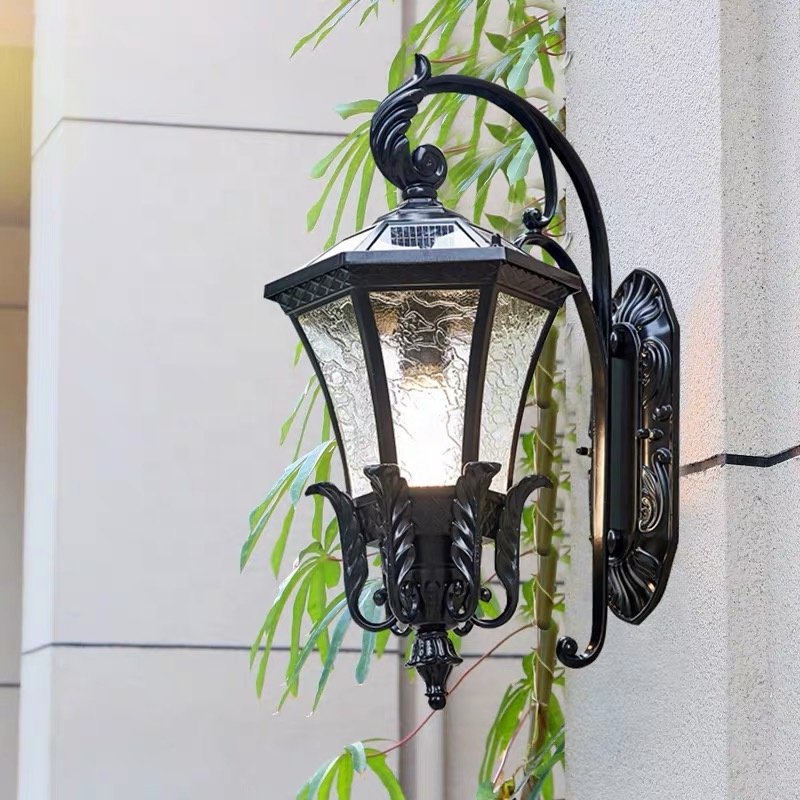 Black European Style Solar Wall Lamp Villa Exterior Wall Outdoor Waterproof Balcony Terrace Courtyard Lamp