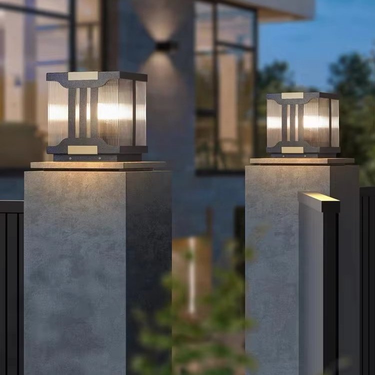 Modern Pillar Lights Outdoor Villa Lawn LED Landscape Solar Courtyard Post Lamps Outdoor Light Fixture Pillar Lamp Stained Glass